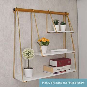 RoomA Gold floating shelf for wall shelf |Floating shelves white gold farmhouse bedroom decor bookshelf- modern, aesthetic, hanging, mounted, tier, storage, nursery, bathroom, display(Gold and White)