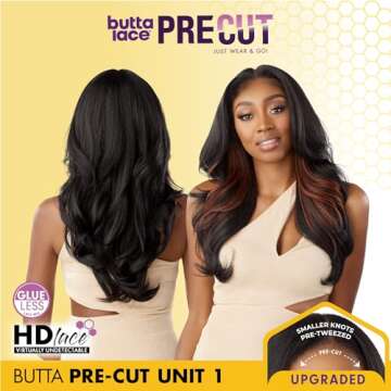 Sensationnel Butta lace precut wigs - unit 1 glueless extra wide 5 inch deep parting synthetic pre tweezed smaller knot hairline (1 JETBLACK)