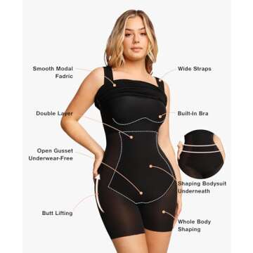 Popilush Shapewear Dress Mini Slit Built in Shapewear Bra 8 in 1 Square Neck Bodycon Summer Dress for Women 2024 Black