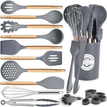 23 PCS Kitchen Utensils Set, Kikcoin Wood Handle Silicone Cooking Utensils Set with Holder, Spatulas...