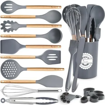 23 PCS Kitchen Utensils Set, Kikcoin Wood Handle Silicone Cooking Utensils Set with Holder, Spatulas...
