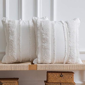 DEZENE Boho Throw Pillow Covers: 2 Pack 100% Cotton Woven Tufted Decorative Square Pillowcases for Couch Sofa Bed, Accent Cushion Covers for Farmhouse, Kids, 18 x 18 Inch Beige