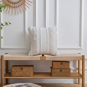 DEZENE Boho Throw Pillow Covers: 2 Pack 100% Cotton Woven Tufted Decorative Square Pillowcases for Couch Sofa Bed, Accent Cushion Covers for Farmhouse, Kids, 18 x 18 Inch Beige