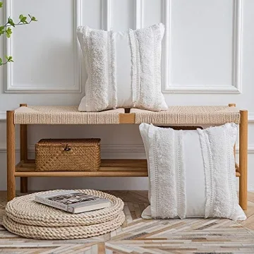 DEZENE Boho Throw Pillow Covers: 2 Pack 100% Cotton Woven Tufted Decorative Square Pillowcases for Couch Sofa Bed, Accent Cushion Covers for Farmhouse, Kids, 18 x 18 Inch Beige