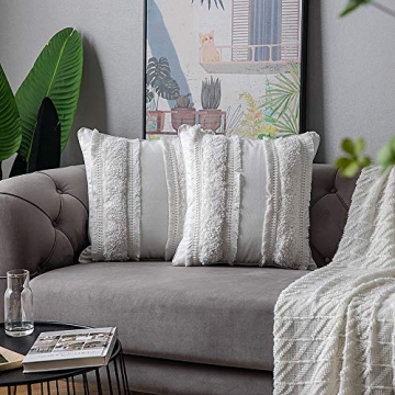 DEZENE Boho Throw Pillow Covers: 2 Pack 100% Cotton Woven Tufted Decorative Square Pillowcases for Couch Sofa Bed, Accent Cushion Covers for Farmhouse, Kids, 18 x 18 Inch Beige