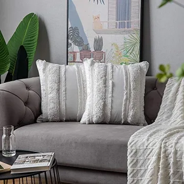 DEZENE Boho Throw Pillow Covers: 2 Pack 100% Cotton Woven Tufted Decorative Square Pillowcases for Couch Sofa Bed, Accent Cushion Covers for Farmhouse, Kids, 18 x 18 Inch Beige