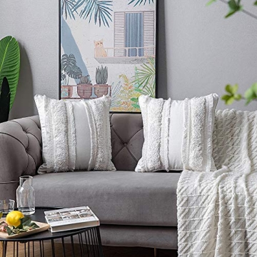 DEZENE Boho Throw Pillow Covers: 2 Pack 100% Cotton Woven Tufted Decorative Square Pillowcases for Couch Sofa Bed, Accent Cushion Covers for Farmhouse, Kids, 18 x 18 Inch Beige