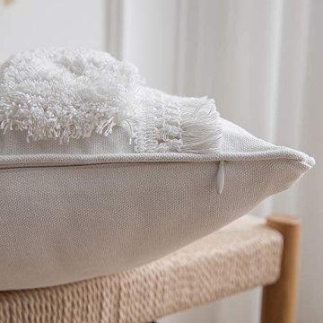 DEZENE Boho Throw Pillow Covers: 2 Pack 100% Cotton Woven Tufted Decorative Square Pillowcases for Couch Sofa Bed, Accent Cushion Covers for Farmhouse, Kids, 18 x 18 Inch Beige