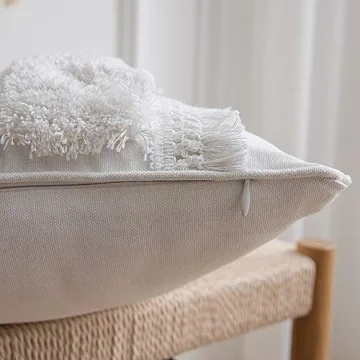 DEZENE Boho Throw Pillow Covers: 2 Pack 100% Cotton Woven Tufted Decorative Square Pillowcases for Couch Sofa Bed, Accent Cushion Covers for Farmhouse, Kids, 18 x 18 Inch Beige