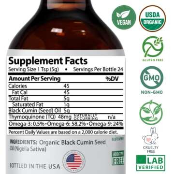 Organic Black Seed Oil - Cold Pressed Unrefined USDA Certified - Hexane Free - Turkish Origin Premium Nigella Sativa - Glass Bottle - Vegan, Gluten-Free, Non-GMO, Antioxidant Immune Support (4oz)