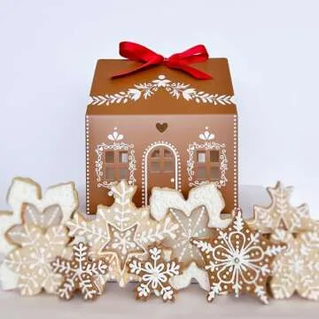 Karentology 20 Pcs Gingerbread House Shaped Gift Boxes for Treats, Desserts, Fancy Cookie, White Gable Bakery Packaging for Housewarming Holiday Christmas Valentines Halloween