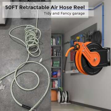 Giraffe Tools TA15BPLUS Retractable Air Hose Reel - Industrial Use, 50ft Long, Wall/Ceiling Mount