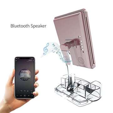 Hansong Makeup Mirror with Lights and Bluetooth - Tri-Fold Vanity Mirror with Magnification (2x/3x/10x), Lighted Mirror with Makeup Organizer Tray,Touch Screen Dimming,Rechargeable