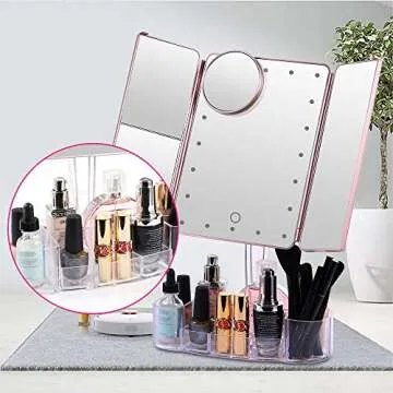Hansong Makeup Mirror with Lights and Bluetooth - Tri-Fold Vanity Mirror with Magnification (2x/3x/10x), Lighted Mirror with Makeup Organizer Tray,Touch Screen Dimming,Rechargeable
