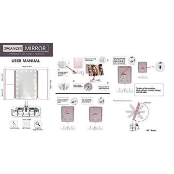 Hansong Makeup Mirror with Lights and Bluetooth - Tri-Fold Vanity Mirror with Magnification (2x/3x/10x), Lighted Mirror with Makeup Organizer Tray,Touch Screen Dimming,Rechargeable