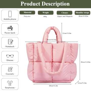 OWGSEE Puffer Tote Bag, Soft Puffy Bags for Women Light Winter Down Cotton Padded Quilted Tote Bag Shoulder Handbag Purse (Light Pink)