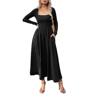 Mieazom Women's Long Sleeve Maxi Dress 2024 Fall Square Neck Knit Casual Slim Swing Tank Long Dresse...