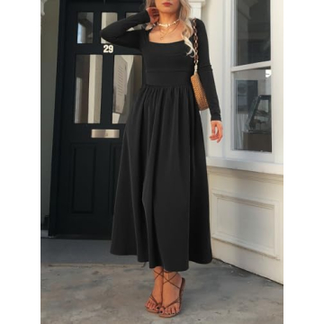 Mieazom Women's Long Sleeve Maxi Dress 2024 Fall Square Neck Knit Casual Slim Swing Tank Long Dresses with Pockets Black S