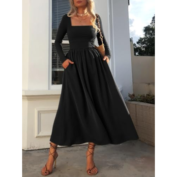Mieazom Women's Long Sleeve Maxi Dress 2024 Fall Square Neck Knit Casual Slim Swing Tank Long Dresses with Pockets Black S