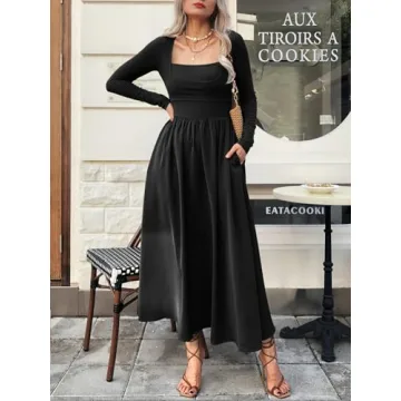 Mieazom Women's Long Sleeve Maxi Dress 2024 Fall Square Neck Knit Casual Slim Swing Tank Long Dresses with Pockets Black S