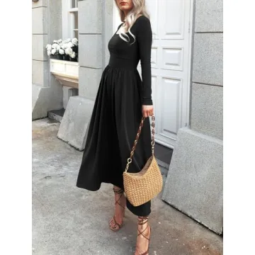 Mieazom Women's Long Sleeve Maxi Dress 2024 Fall Square Neck Knit Casual Slim Swing Tank Long Dresses with Pockets Black S