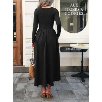 Mieazom Women's Long Sleeve Maxi Dress 2024 Fall Square Neck Knit Casual Slim Swing Tank Long Dresses with Pockets Black S