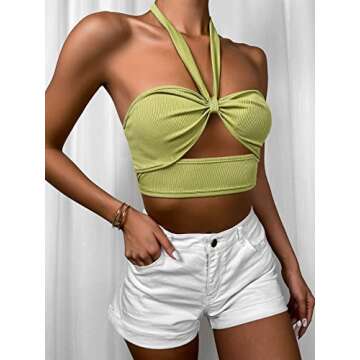 Sofia's Cholice Women's Cut Out Front Halter Top Backless Sleeveless Crop Cami Green Medium