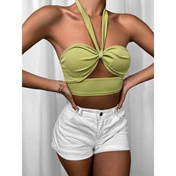 Sofia's Cholice Women's Cut Out Front Halter Top Backless Sleeveless Crop Cami Green Medium