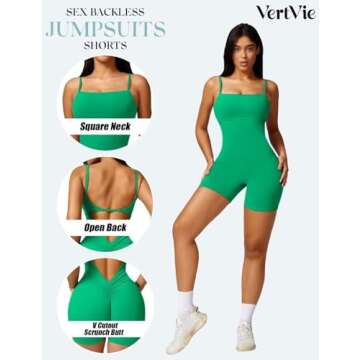Vertvie One Piece Jumpsuits for Women Sleeveless Backless Tummy Control Workout Jumpsuit Shorts V Ba...