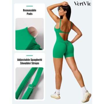 Vertvie One Piece Jumpsuits for Women Sleeveless Backless Tummy Control Workout Jumpsuit Shorts V Back Scrunch Yoga Rompers(Green,X-Small)
