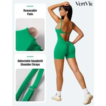 Vertvie One Piece Jumpsuits for Women Sleeveless Backless Tummy Control Workout Jumpsuit Shorts V Back Scrunch Yoga Rompers(Green,X-Small)