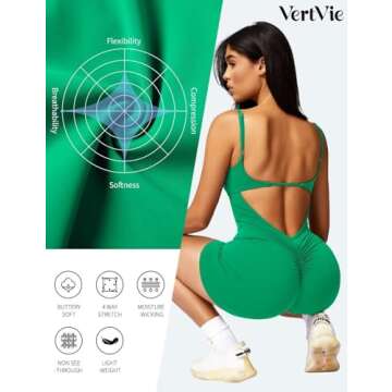 Vertvie One Piece Jumpsuits for Women Sleeveless Backless Tummy Control Workout Jumpsuit Shorts V Back Scrunch Yoga Rompers(Green,X-Small)