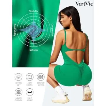 Vertvie One Piece Jumpsuits for Women Sleeveless Backless Tummy Control Workout Jumpsuit Shorts V Back Scrunch Yoga Rompers(Green,X-Small)