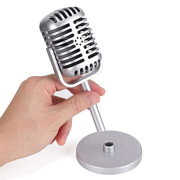 Facmogu Classic Retro Style Microphone Prop, Fake Vintage Microphone Prop Model with Stand, Silver A...
