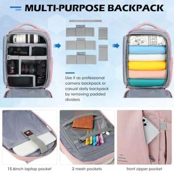 Lubardy Camera Bag Professional DSLR SLR Mirrorless Camera Backpack 15.6 Inch Waterproof Laptop Backpack Anti-Theft Camera Case with Rain Cover Large Capacity Photography Backpack for Men Women, Pink