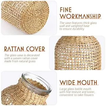 Straw Woven Glass Flower Vase,Cabilcok Hand Woven Wicker Cover Glass Flower Vase,Rustic Style Vase G...