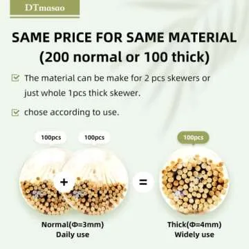 DTmasao 200PCS 6 inch Bamboo Skewers for wooden sticks， BBQ，Appetiser，Fruit，Cocktail，Kabob，Chocolate Fountain，Grilling，Kitchen，crafting and Party. Φ=3mm, More Size Choices 6"/8"/10"/12"/36"