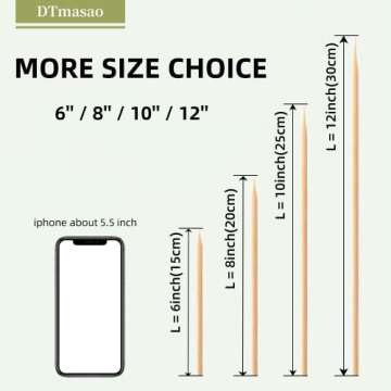 DTmasao 200PCS 6 inch Bamboo Skewers for wooden sticks， BBQ，Appetiser，Fruit，Cocktail，Kabob，Chocolate Fountain，Grilling，Kitchen，crafting and Party. Φ=3mm, More Size Choices 6"/8"/10"/12"/36"