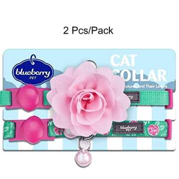Blueberry Pet Pack of 2 Cat Collars, The Floral Power Relaxing Jungle Green Adjustable Breakaway Cat Collar for Girl & Boy with Bell & Detachable Flower, Neck 9"-13"