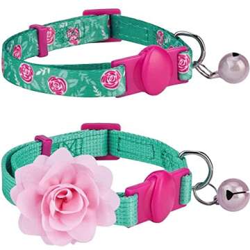 Blueberry Pet Pack of 2 Cat Collars, The Floral Power Relaxing Jungle Green Adjustable Breakaway Cat Collar for Girl & Boy with Bell & Detachable Flower, Neck 9"-13"