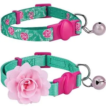 Blueberry Pet Pack of 2 Cat Collars, The Floral Power Relaxing Jungle Green Adjustable Breakaway Cat Collar for Girl & Boy with Bell & Detachable Flower, Neck 9"-13"