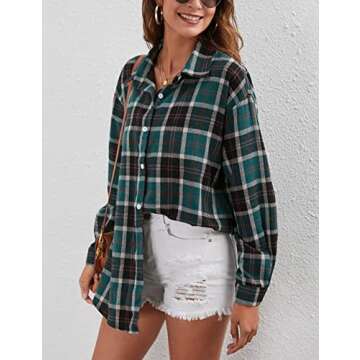 Shebote Womens Classic Plaid Shirt Long Sleeve Cotton Button Down Up Shirts Stylish Oversized Loose ...