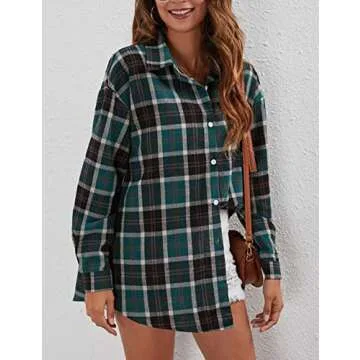 Shebote Women's Classic Plaid Oversized Long Sleeve Shirt