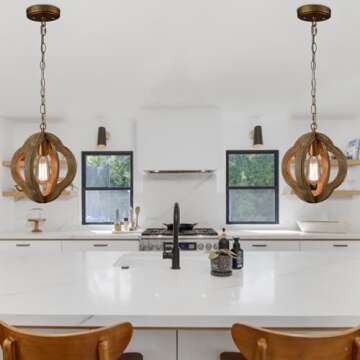 SAMTEEN Farmhouse Wood Pendant Lights: Vintage Hanging Ceiling Light