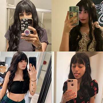 Netgo Black Wigs, Long Black Wig with Bangs, Kinky Curly Wavy Hair Wigs for Women, Heat Resistant Sy...