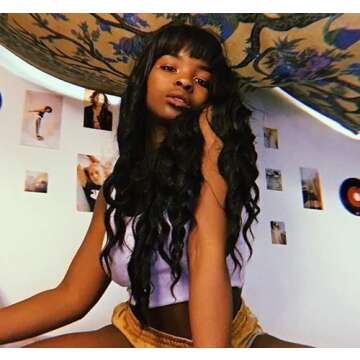 Netgo Black Wigs, Long Black Wig with Bangs, Kinky Curly Wavy Hair Wigs for Women, Heat Resistant Synthetic Daily Party Cosplay Wigs