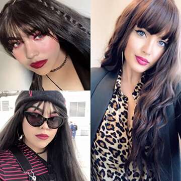 Netgo Black Wigs, Long Black Wig with Bangs, Kinky Curly Wavy Hair Wigs for Women, Heat Resistant Synthetic Daily Party Cosplay Wigs