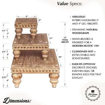 Felt Creative Home Goods Wooden Riser [Set of 3] Premium Farmhouse Risers | Beaded Wood Risers for Display | Handmade Wooden Risers for Decor | Vintage Tiered Stand | Decorative Footed Risers
