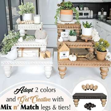 Felt Creative Home Goods Wooden Riser [Set of 3] Premium Farmhouse Risers | Beaded Wood Risers for Display | Handmade Wooden Risers for Decor | Vintage Tiered Stand | Decorative Footed Risers