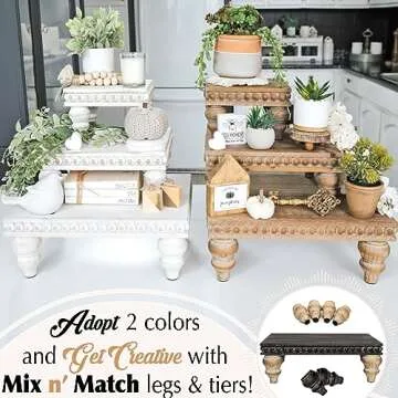 Felt Creative Home Goods Wooden Riser [Set of 3] Premium Farmhouse Risers | Beaded Wood Risers for Display | Handmade Wooden Risers for Decor | Vintage Tiered Stand | Decorative Footed Risers